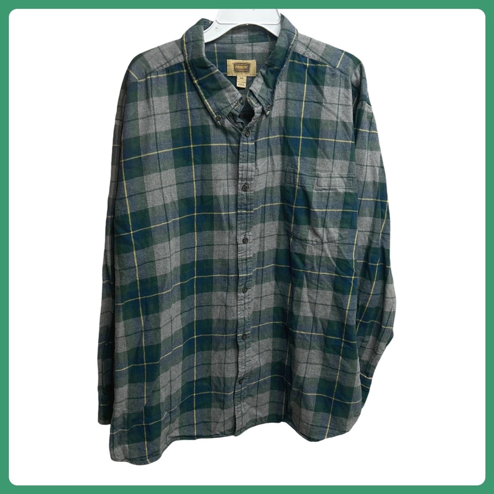 The‎ Foundry Supply Co Plaid Flannel Button Up Shirt Men's 3XL Green Gray Yellow
